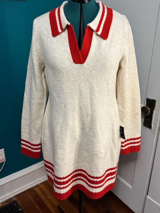 Lulus Sweaters - Lulu's Cream V-Neck Sweater Dress with Red Trim